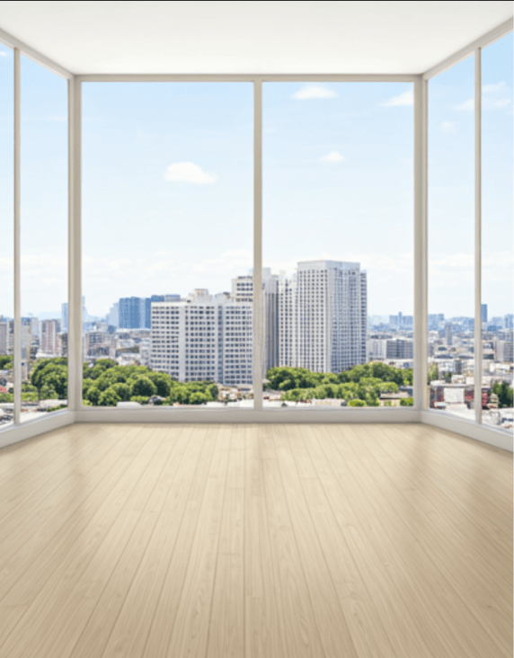 Modern room with city skyline view